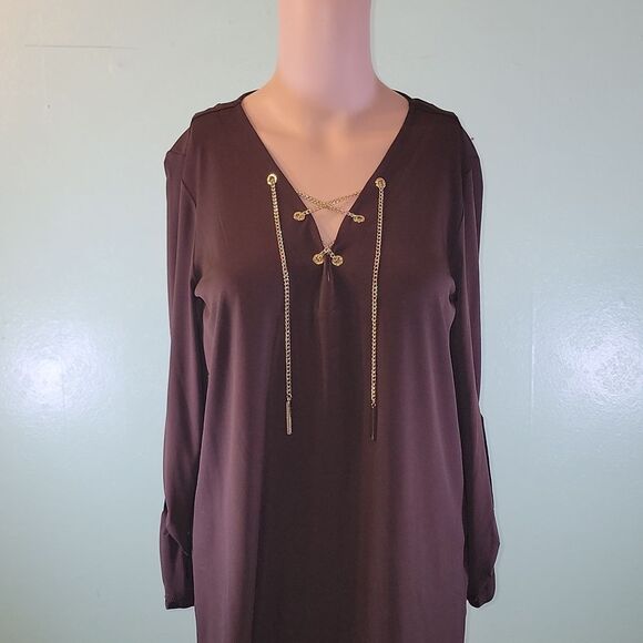 Michael Kors Coffee Poly Blend Women's Long Sleeve V-Neck Pullover Shirt S - Picture 1 of 8